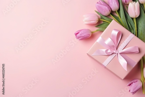 Mother's Day concept. Pink gift box with ribbon bow and a bouquet of tulips. © MKhalid