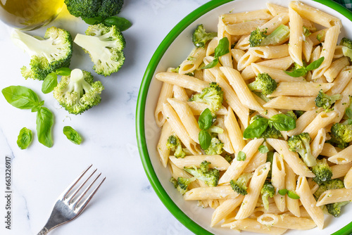 Creamy penne pasta with homemade broccoli and cheese. Turkish name; brokolili makarna photo