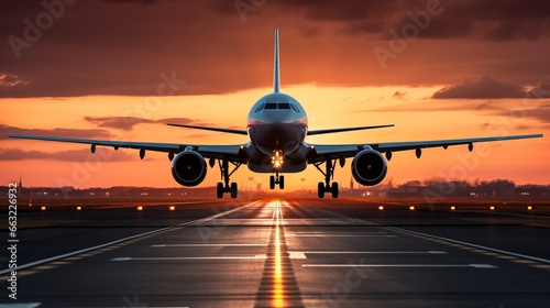 Airplane on the runway at sunset. Concept of travel and business