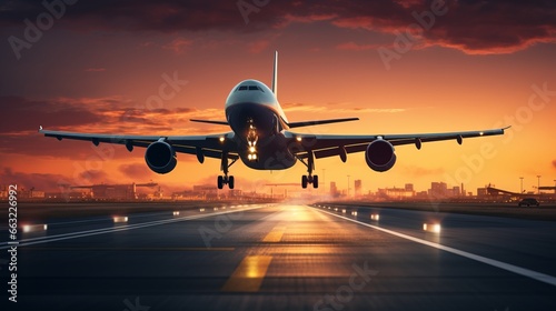 Airplane on the runway at sunset. Concept of travel and business