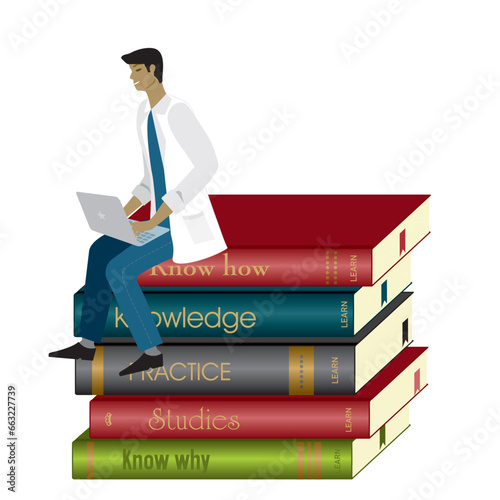 Man, doctor, scientist, nurse, health care people with laptop sitting on a pile of books. Isolated. Vector illustration.
