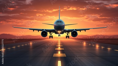 Airplane on the runway at sunset. Concept of travel and business