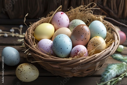 Easter eggs basket.Ai generated