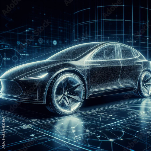 Futuristic black electric car with holographic wireframe digital technology background, a glimpse into the future of transportation.