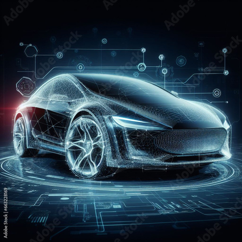 Futuristic black electric car with holographic wireframe digital technology background, a glimpse into the future of transportation.