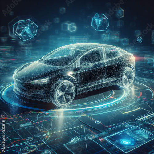 Futuristic black electric car with holographic wireframe digital technology background, a glimpse into the future of transportation.