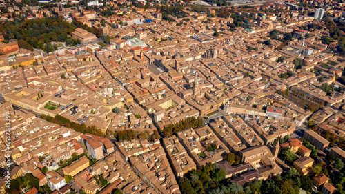 Aerial view of the historic center of Reggio Emilia, Italy. The Old Town develops along the ancient Via Emilia.