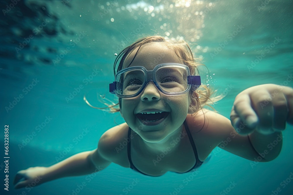 Fototapeta premium Small kid swimming in pool. AI Generated