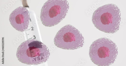 Animation of red blood cells and syringe over white background photo