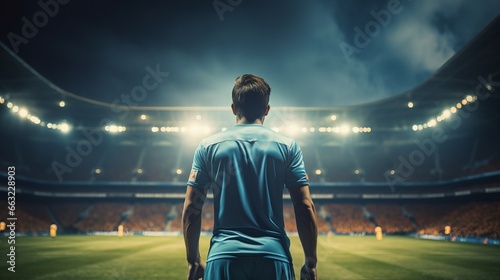 Rear view of football player in blue t-shirt on stadium background © hardqor4ik