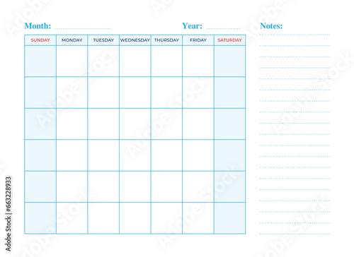 Vector blank calendar for all months with notes template.