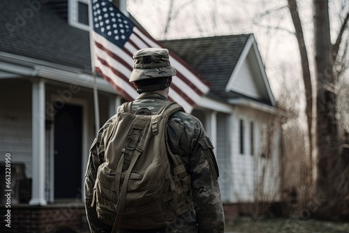 Soldier standing in front of home with american flag in the background.AI Generated
