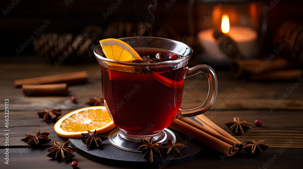 A glass of hot mulled wine with spices and orange A glass of hot mulled wine with spices and orange