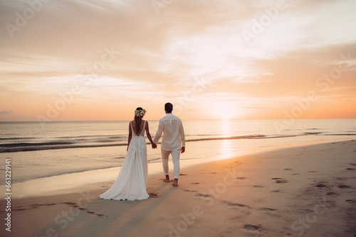 couple on the beach at sunset. AI Generated