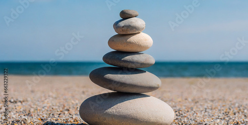 stone tower natural pebble stone on the beach balancing body mind soul and spirit mental hea