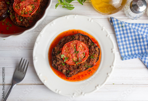 Traditional, delicious Turkish food, eggplant dish. Turkish name; Patlican oturtma photo