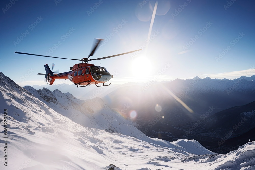 helicopter in the sky with snow and mountains. AI Generated helicopter in the sky with snow and mountains. AI Generated