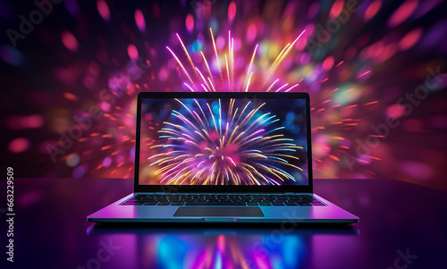 open laptop with fireworks display, new year and celebration concept, copy space. 