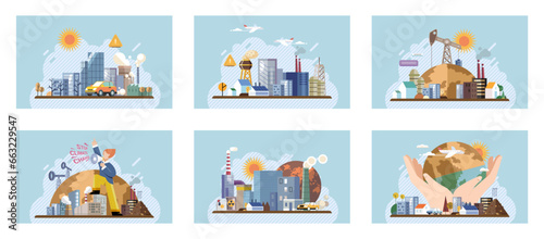 Industrial pollution. Dirty waste. Environmental pollution. Vector illustration. Industrial pollution is result increased production demands Dirty water is affecting aquatic life Smokes with smog are