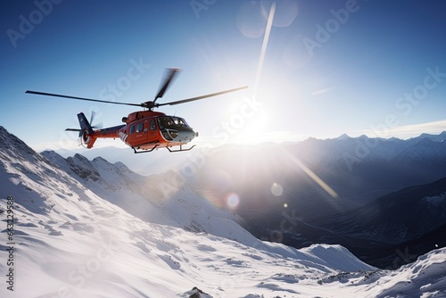helicopter in the sky with snow and mountains. AI Generated