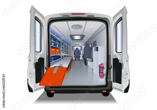 Ambulance with open doors. Inside view of ambulance isolated on a white background.