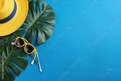 summer blue banner with yellow hat and sunglasses. AI Generated