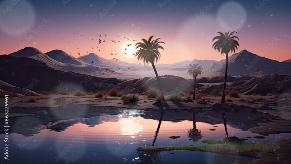 Panorama of west county desert nature with lake and beautiful sky. Cartoon or anime illustration style. seamless looping 4K time-lapse virtual video animation background.