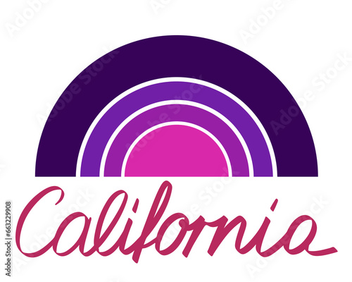 Sunset in purple colors with lettering California. Vector illustration for T-shirt print