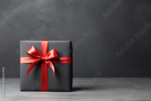 Gift box and red ribbon on dark stone background.
