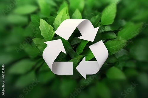 white recycle symbol on green leaves background. AI Generated