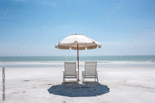 beach with umbrella and chairs. AI Generated