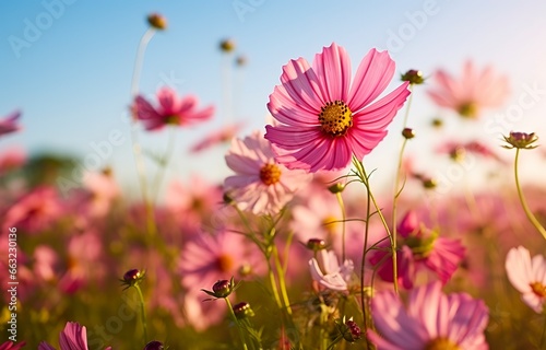 A cosmos flower face to sunrise in field.