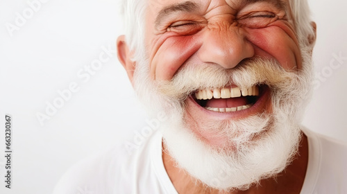 Closeup of beautiful smile of elder bearded man with healthy white teeth. Healthcare concept. Generative AI