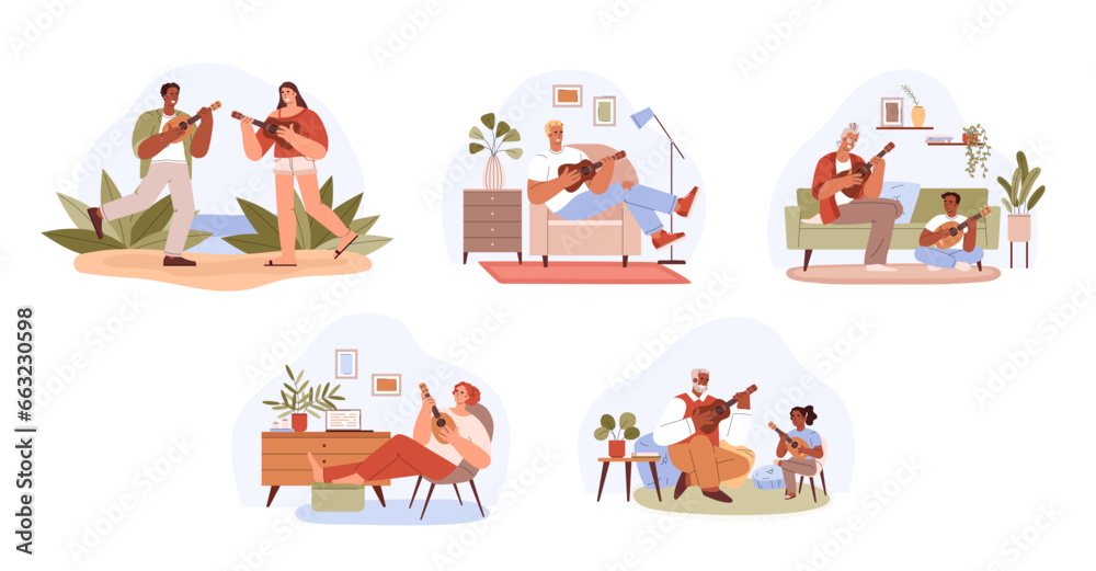 Characters playing or learning to play ukulele, vector illustration isolated.