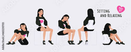 Asian girl, korean narrow eye woman sitting, resting relax pose set. Wearing cute oversized crewneck, loose sweatshirt, long sleeve, shorts. Cool looking teenager. Cartoon character illustration