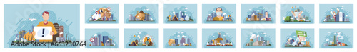 Industrial pollution. Dirty waste. Environmental pollution. Vector illustration. Dirty waste disposal methods are putting ecosystems at risk Air, water, and soil pollution are directly linked