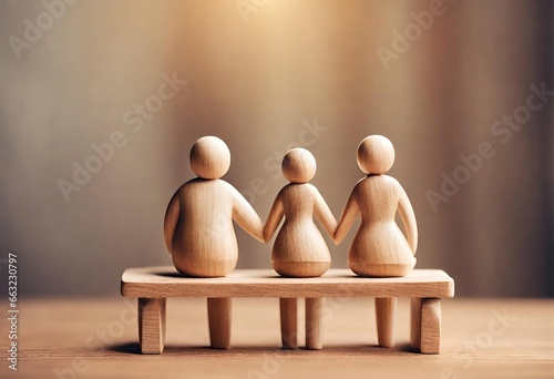 Loving Family Concept: Wooden Figurines Illustrate Family Happiness Tabletop Happiness wooden Beanch