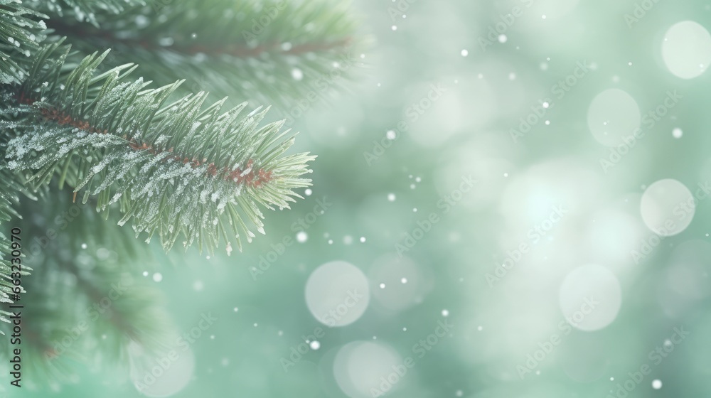 Background with Christmas tree branches on which snow is falling. Christmas concept.