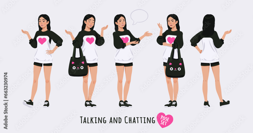 Obraz premium Asian girl, korean narrow eye woman talking, chatting pose set. Wearing cute outfit, oversized crewneck, loose sweatshirt, long sleeve, shorts. Cool looking teenager. Cartoon character illustration
