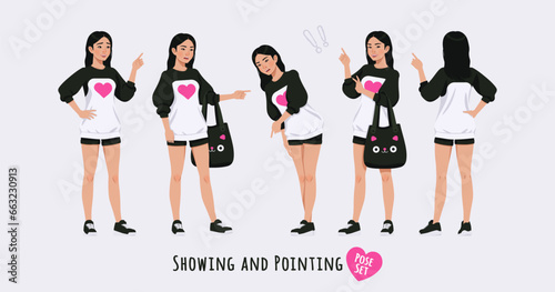 Asian girl, korean narrow eye woman showing, pointing pose set. Wearing cute outfit, oversized crewneck, loose sweatshirt, long sleeve, shorts. Cool looking teenager. Cartoon character illustration