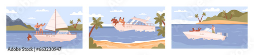 People enjoying summer vacation on yacht or speedboat, sea landscape - flat vector illustration.
