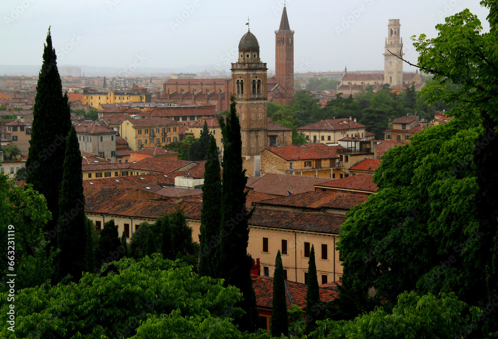 Photo of a view of the historic part of Verona, Italy, with the cathedral and bell tower and cypress trees in the foreground in a light fog during the rain