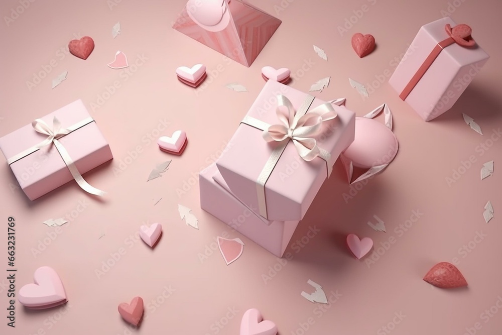 Gift boxes with cupid arrows surrounded by hearts for Valentine's Day. Generative AI