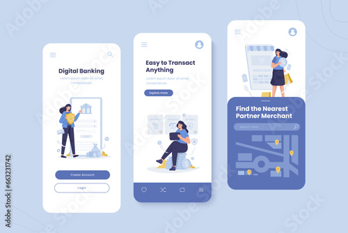 Digital banking transaction illustration on mobile onboard screen template