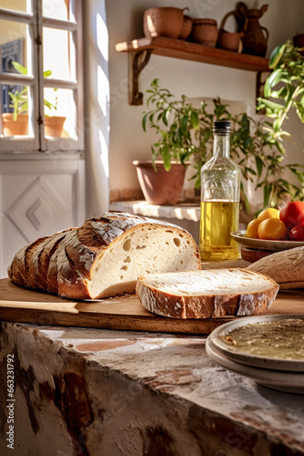 Rustic sunlit kitchen with fresh homemade sour dough bread, olive oil and vegetables, meaditerannean breakfast.