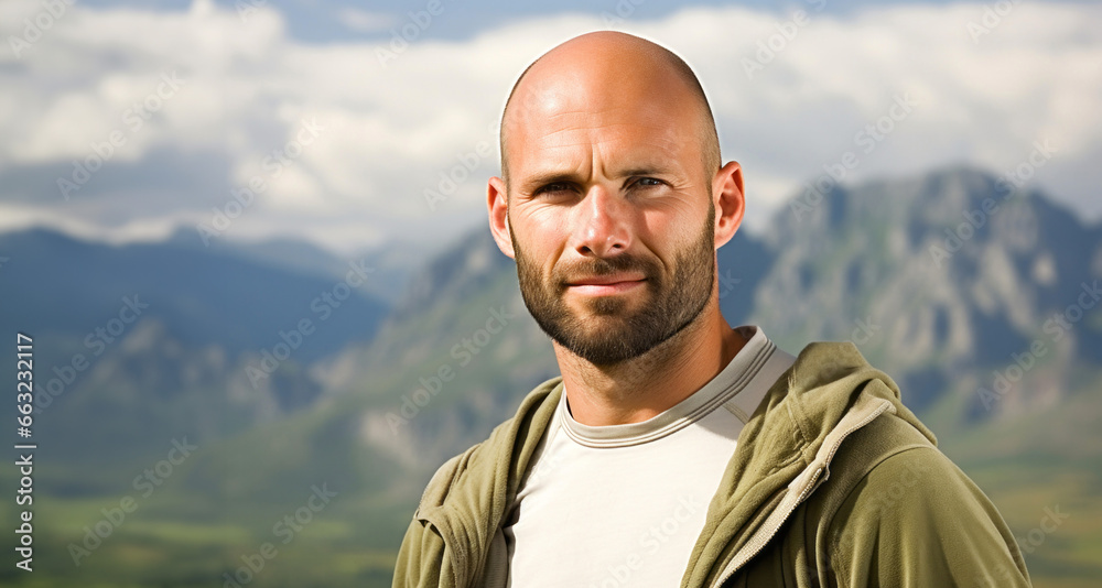 Atractivo backpacker medio calvo con barba, en Noruega, refleja pasión por la aventura en paisajes escarpados. Ideal para representar exploración y aventura al aire libre en Noruega. Atractivo backpacker medio calvo con barba, en Noruega, refleja pasión por la aventura en paisajes escarpados. Ideal para representar exploración y aventura al aire libre en Noruega.