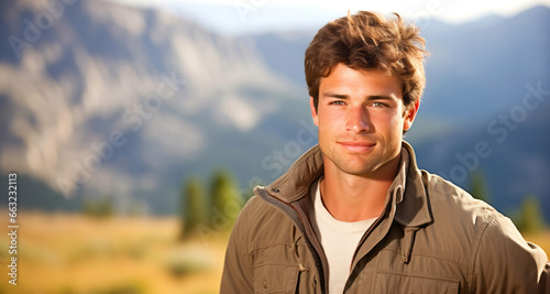 Hombre nórdico moreno con mirada penetrante y barba, vistiendo chaqueta caqui en entorno montañoso soleado, emanando seducción y confianza.