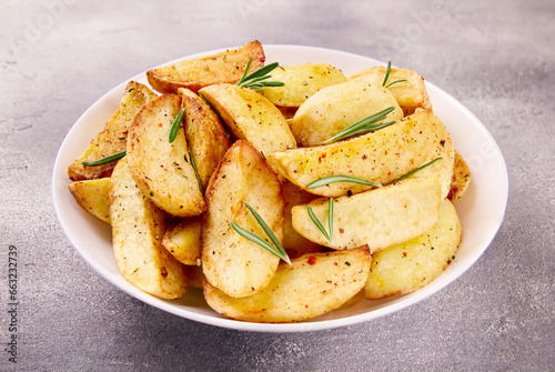 Baked potato wedges with seasonings on a plate on a gray stone.