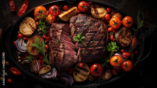 Medium Rare. Succulent roast beef steak served with tomatoes and grilled vegetables on a wooden board with herbs and spices