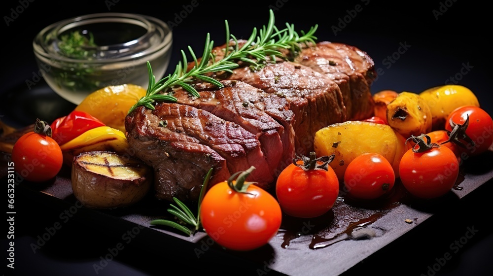 Medium Rare. Succulent roast beef steak served with tomatoes and grilled vegetables on a wooden board with herbs and spices Medium Rare. Succulent roast beef steak served with tomatoes and grilled vegetables on a wooden board with herbs and spices
